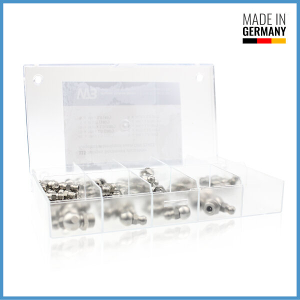 65 teiliges Edelstahl Kegelschmiernippel Sortiment nach DIN 71412