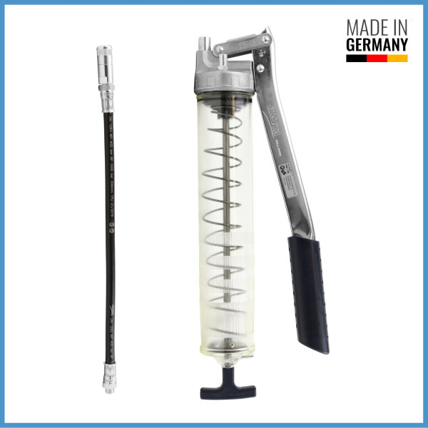 Umeta transparente Handhebelfettpresse 70/PKT - mit Schlauch und Mundst&uuml;ck