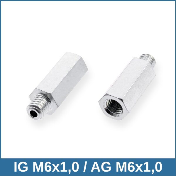 Grease nipple extension female thread M6x1.0 / male thread M6x1.0, 26 mm (extension by 20 mm), 9/6-hex, zinc-plated steel