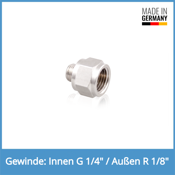 Reduziernippel Innen: G 1/4" / Au&szlig;en: R 1/8" Messing vernickelt