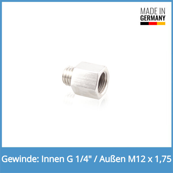 Reduziernippel Innen: G 1/4" / Au&szlig;en: M12 x 1,75 Messing vernickelt